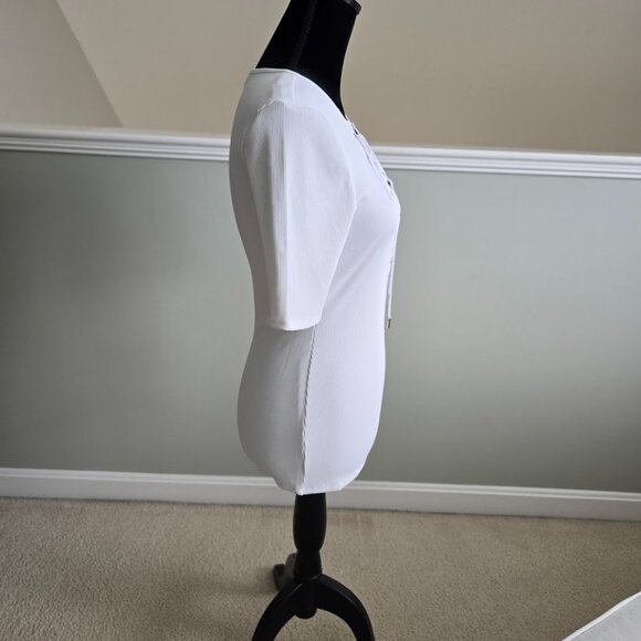 WHBM FORME Short Sleeve Lace Up Criss Cross White Ribbed Top Size Medium NWT - Picture 6 of 8